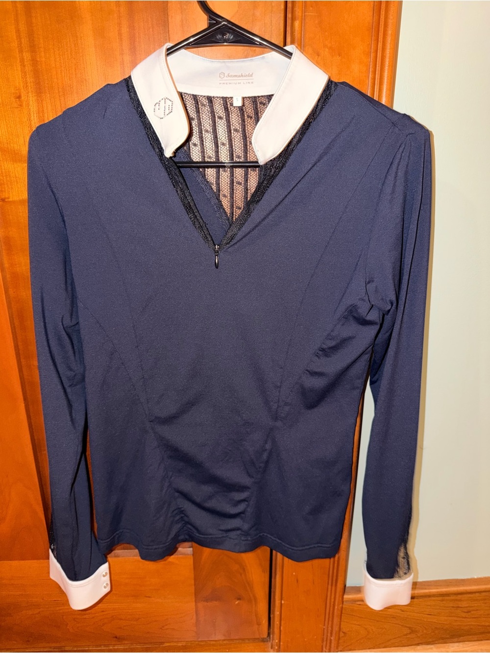 Navy Long-Sleeve Polo Top with White Collar by Showdownhill